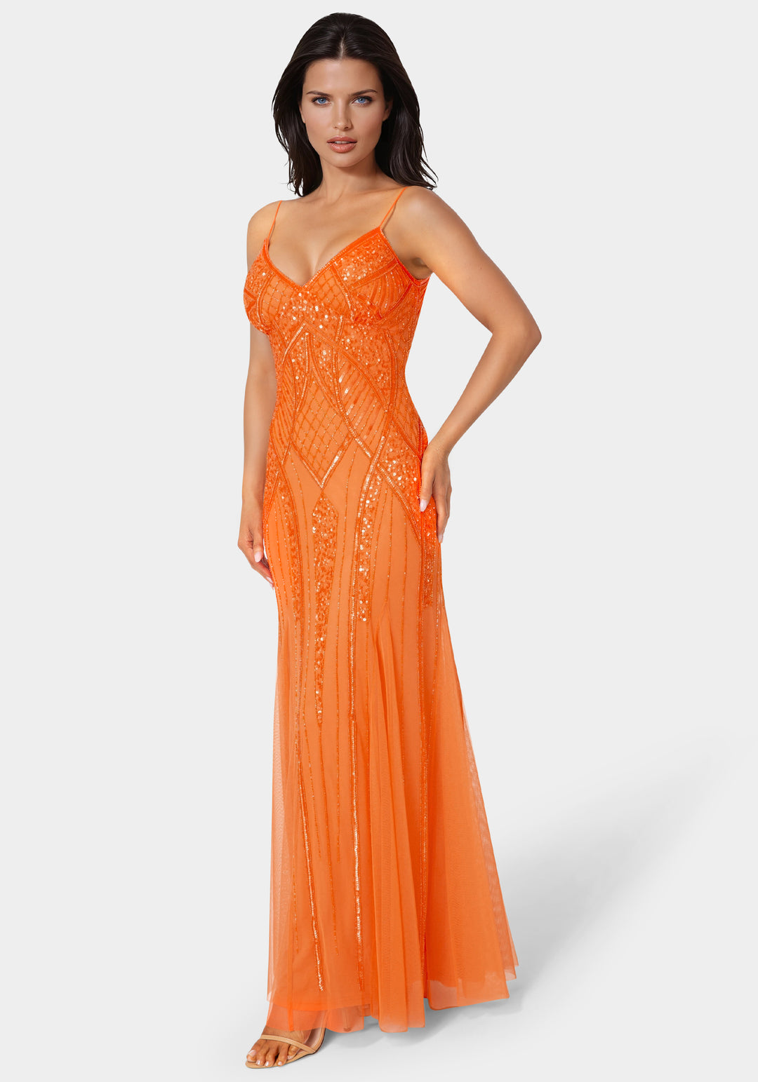 Bebe Women's Beaded Gown, Size Small in Tangerine Polyester Bebe Women's Beaded Gown, Size Small in Tangerine Polyester