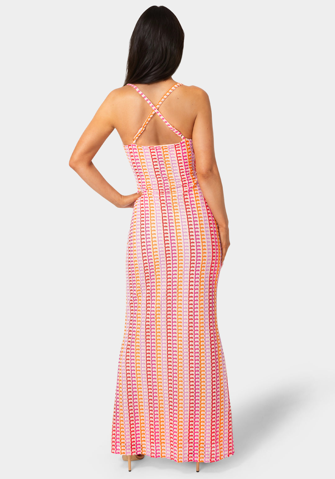 Back View-Printed Bodycon Maxi Dress-White Multi