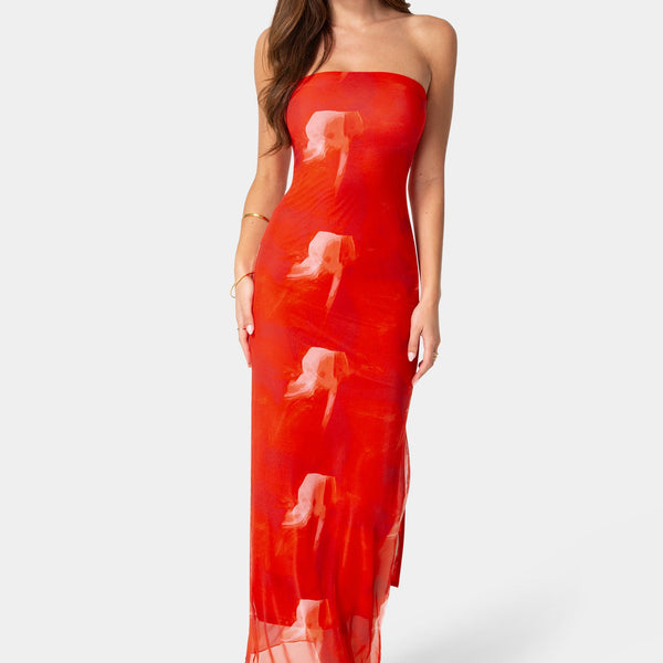 Front View-Printed Mesh Strapless Maxi Dress-RED ML
