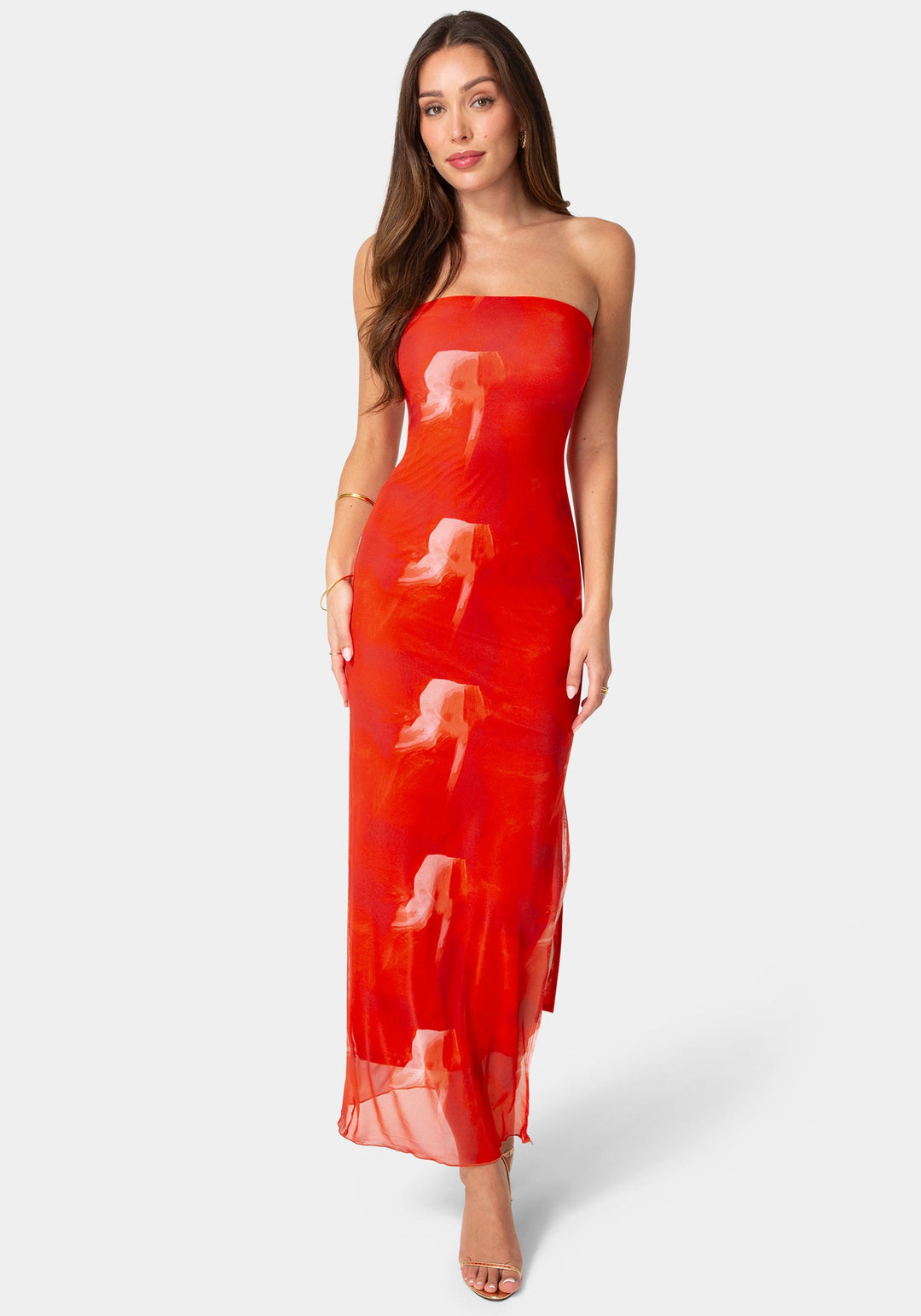 Front View-Printed Mesh Strapless Maxi Dress-RED ML