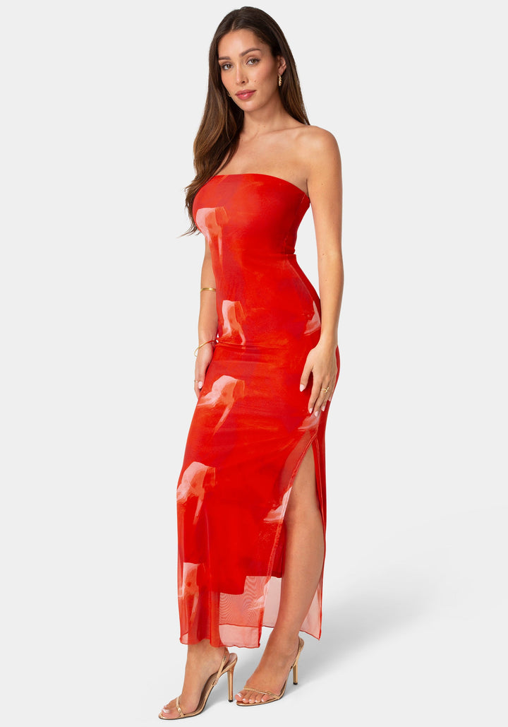 Side View-Printed Mesh Strapless Maxi Dress-RED ML