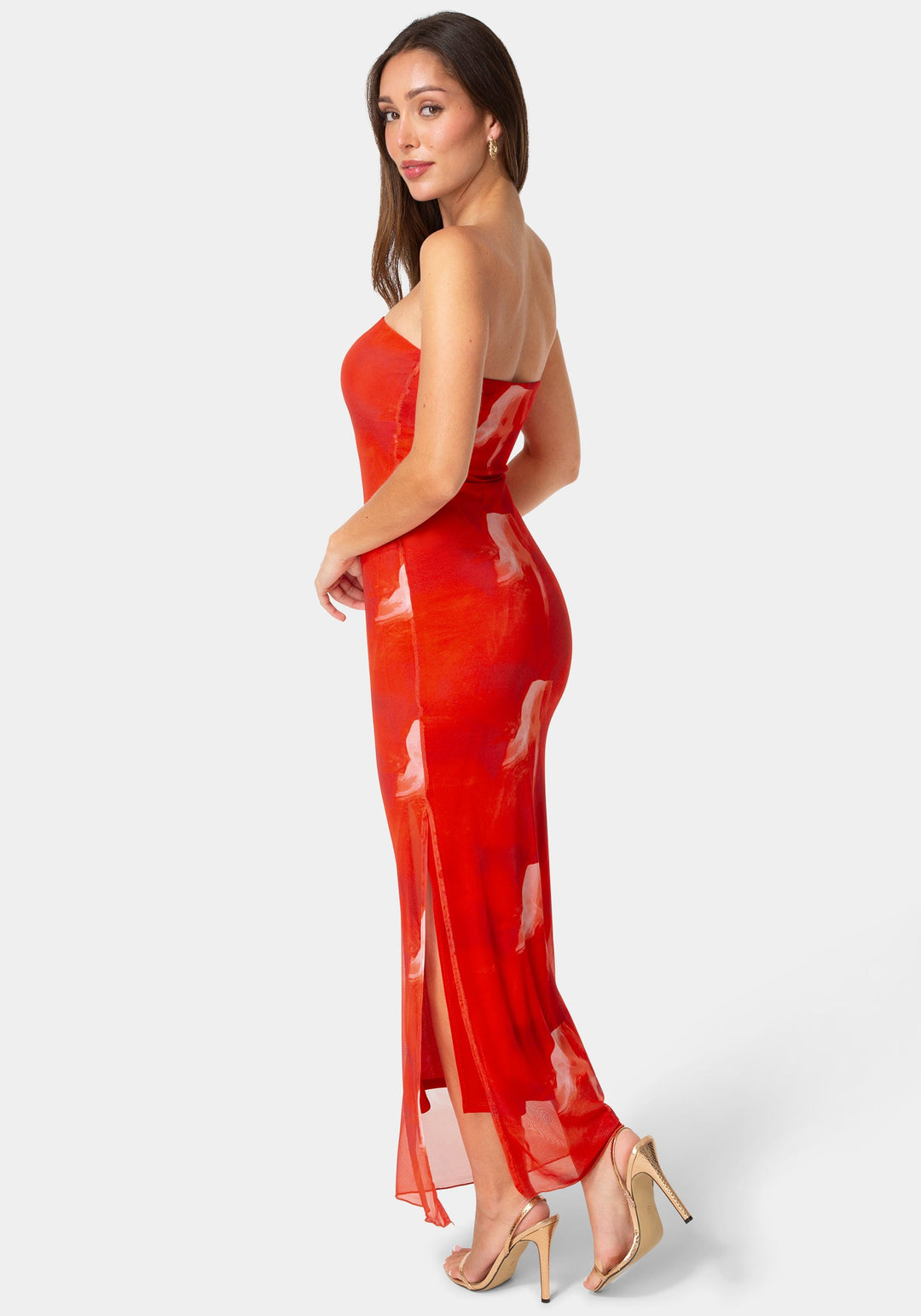 Back View-Printed Mesh Strapless Maxi Dress-RED ML