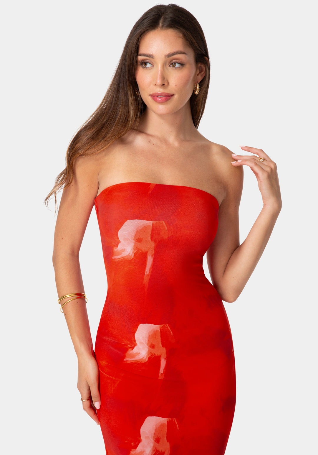 Other View-Printed Mesh Strapless Maxi Dress-RED ML