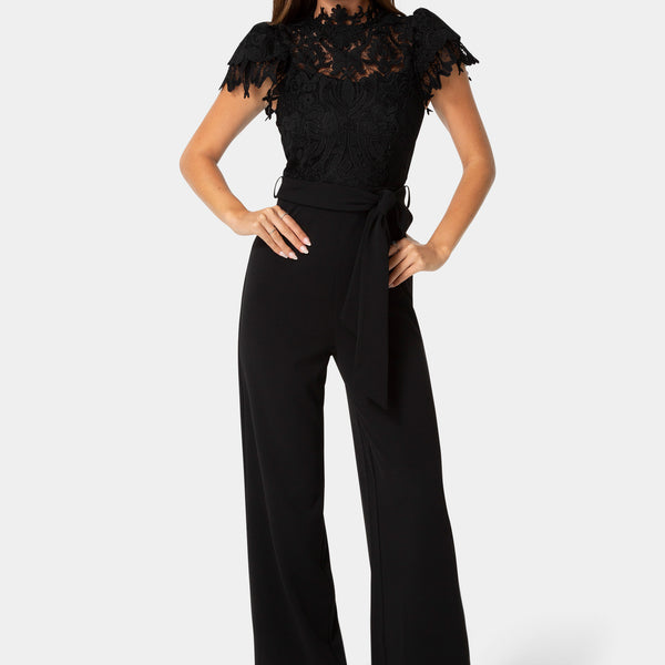 Front View-Lace High Neck Jumpsuit-Black