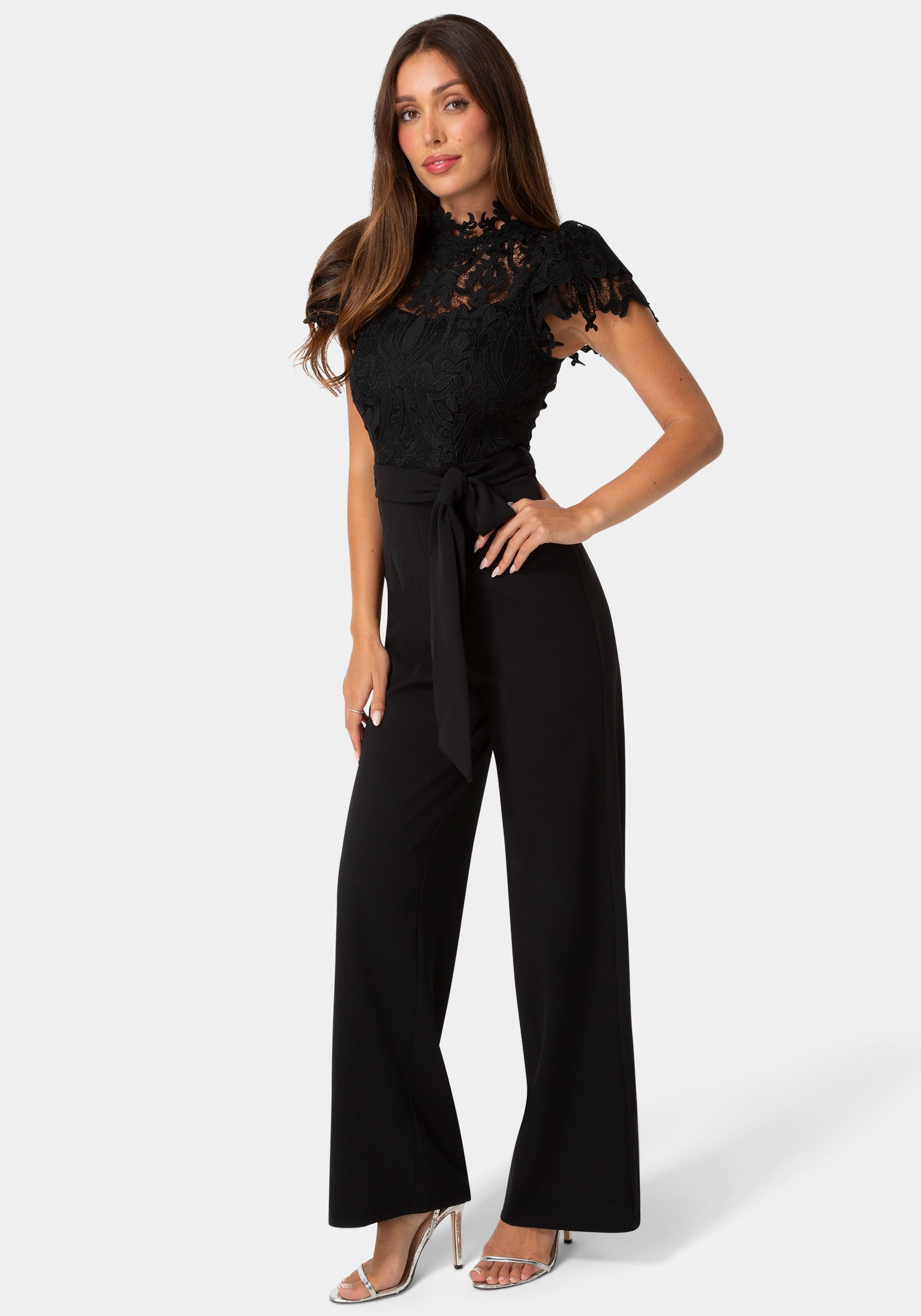 Side View-Lace High Neck Jumpsuit-Black