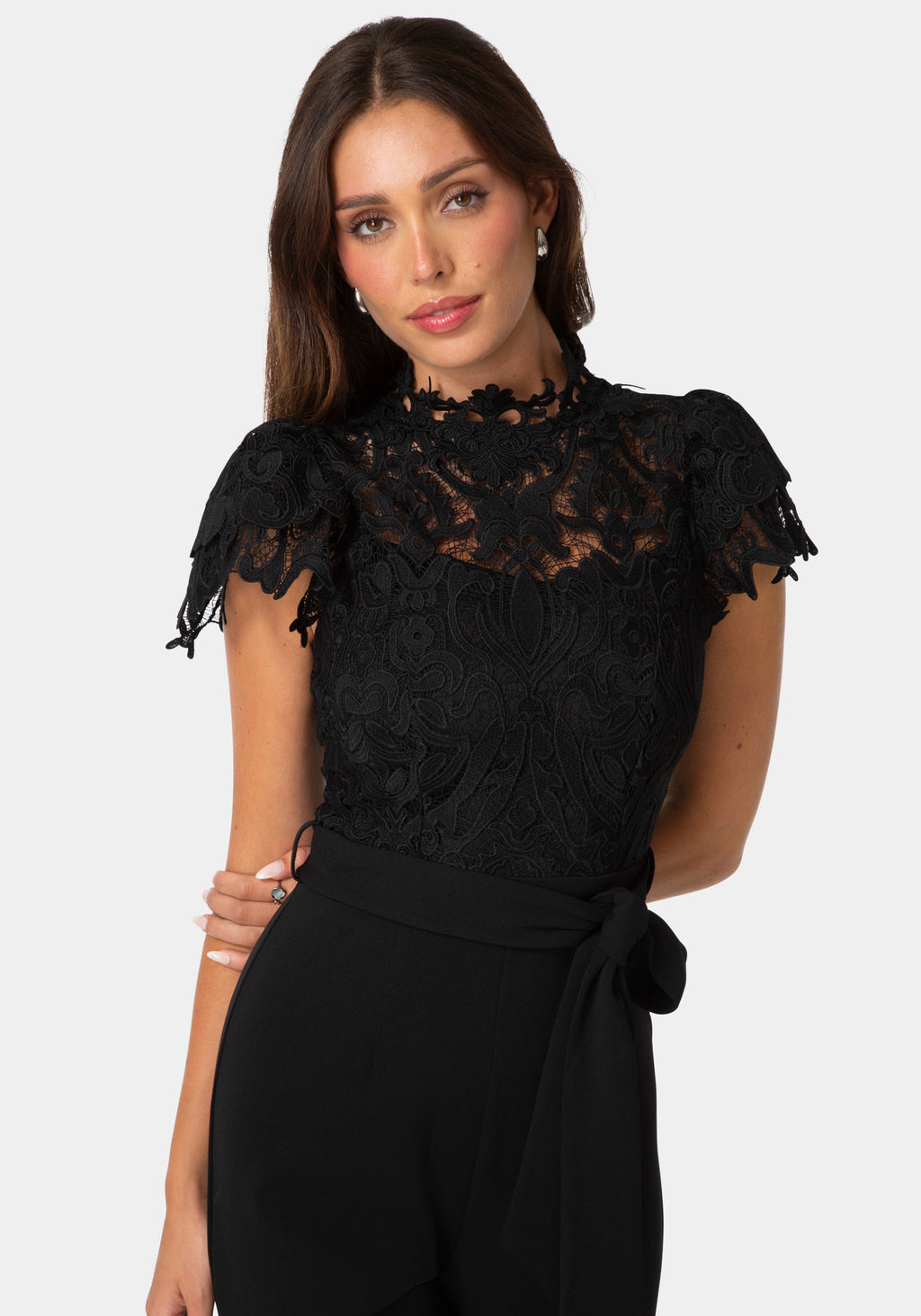 Detail View-Lace High Neck Jumpsuit-Black