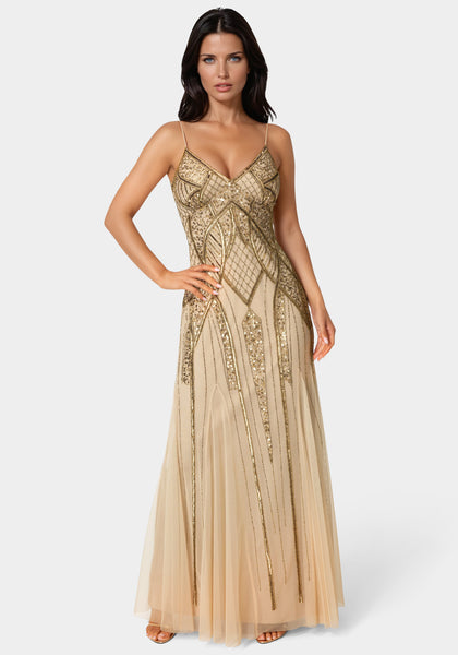 bebe long formal dresses Women's Beaded Gown Black prom