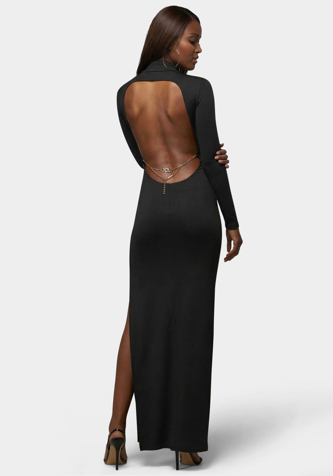 Back View-Open Back Chain Maxi Dress-Black