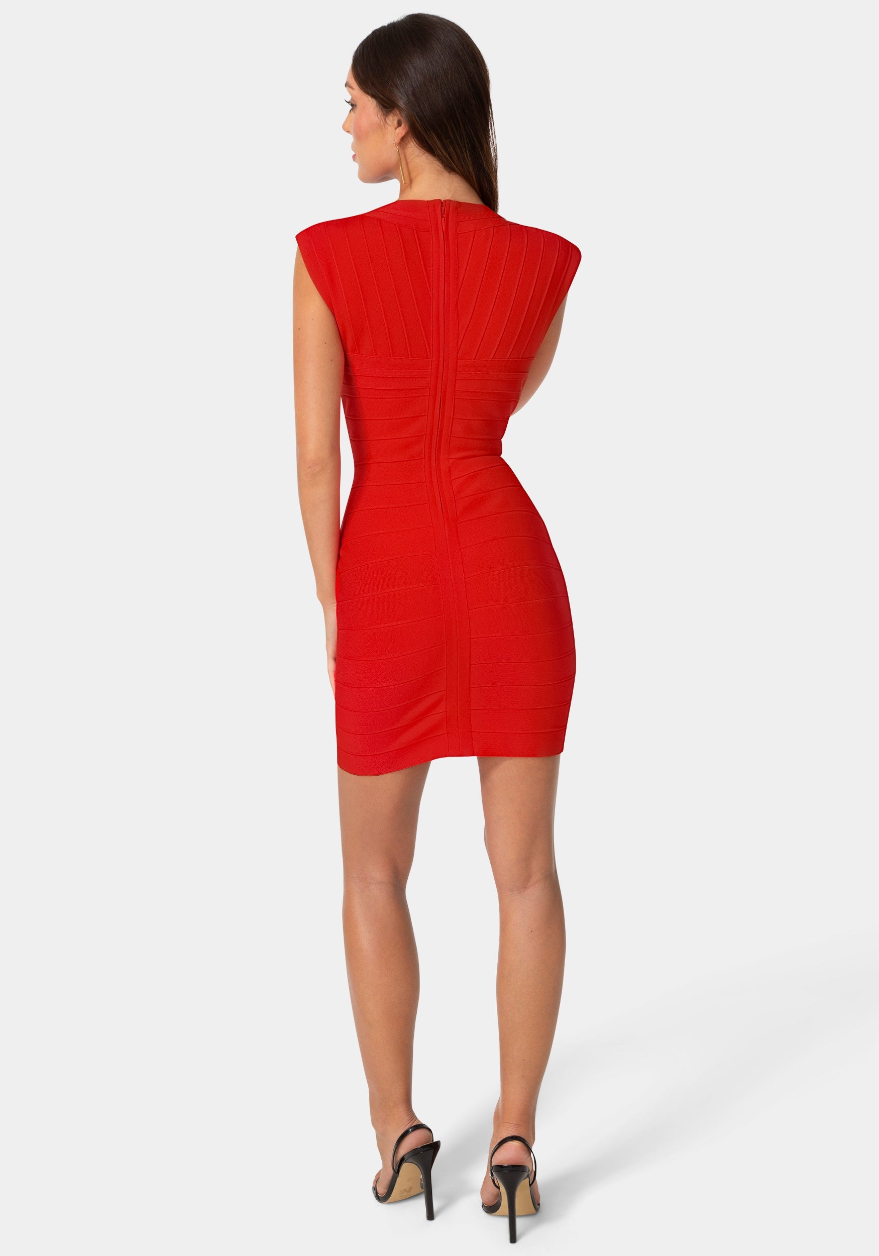Back View-Cap Sleeve Bandage Mini Dress-Red