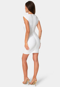 Back View-Cap Sleeve Bandage Mini Dress-White