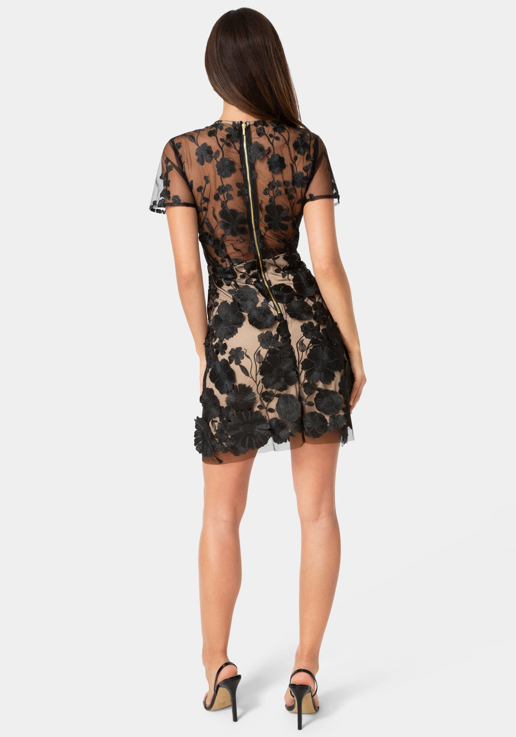 Back View-3D Floral Fit & Flare Mini Dress-Black/Brown