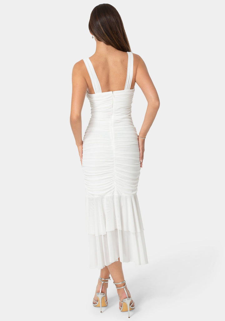 Back View-V-Neck Ruched Mesh Flounce Midi Dress-Ivory