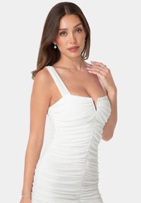 Other View-V-Neck Ruched Mesh Flounce Midi Dress-Ivory