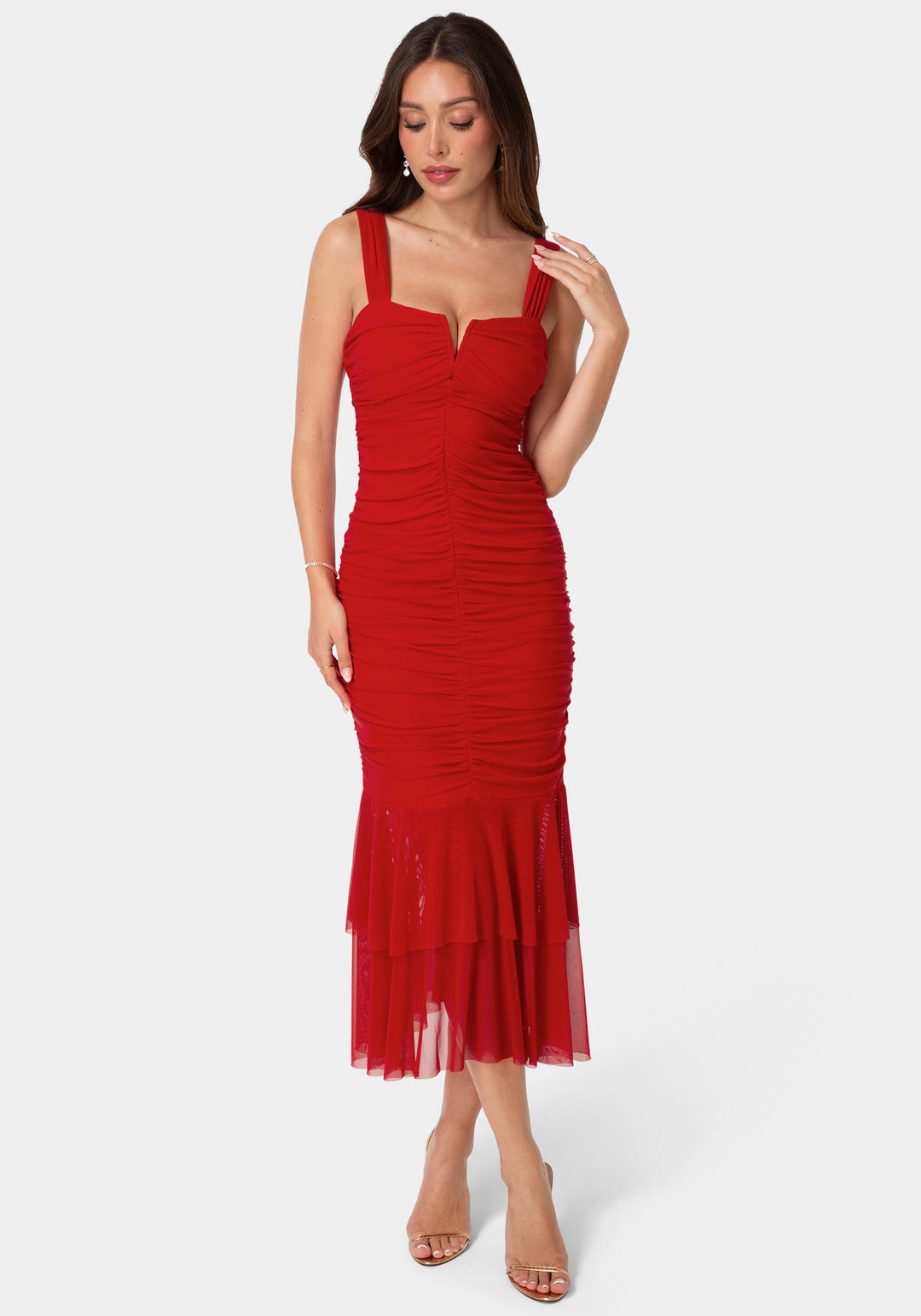 Front View-V-Neck Ruched Mesh Flounce Midi Dress-Red