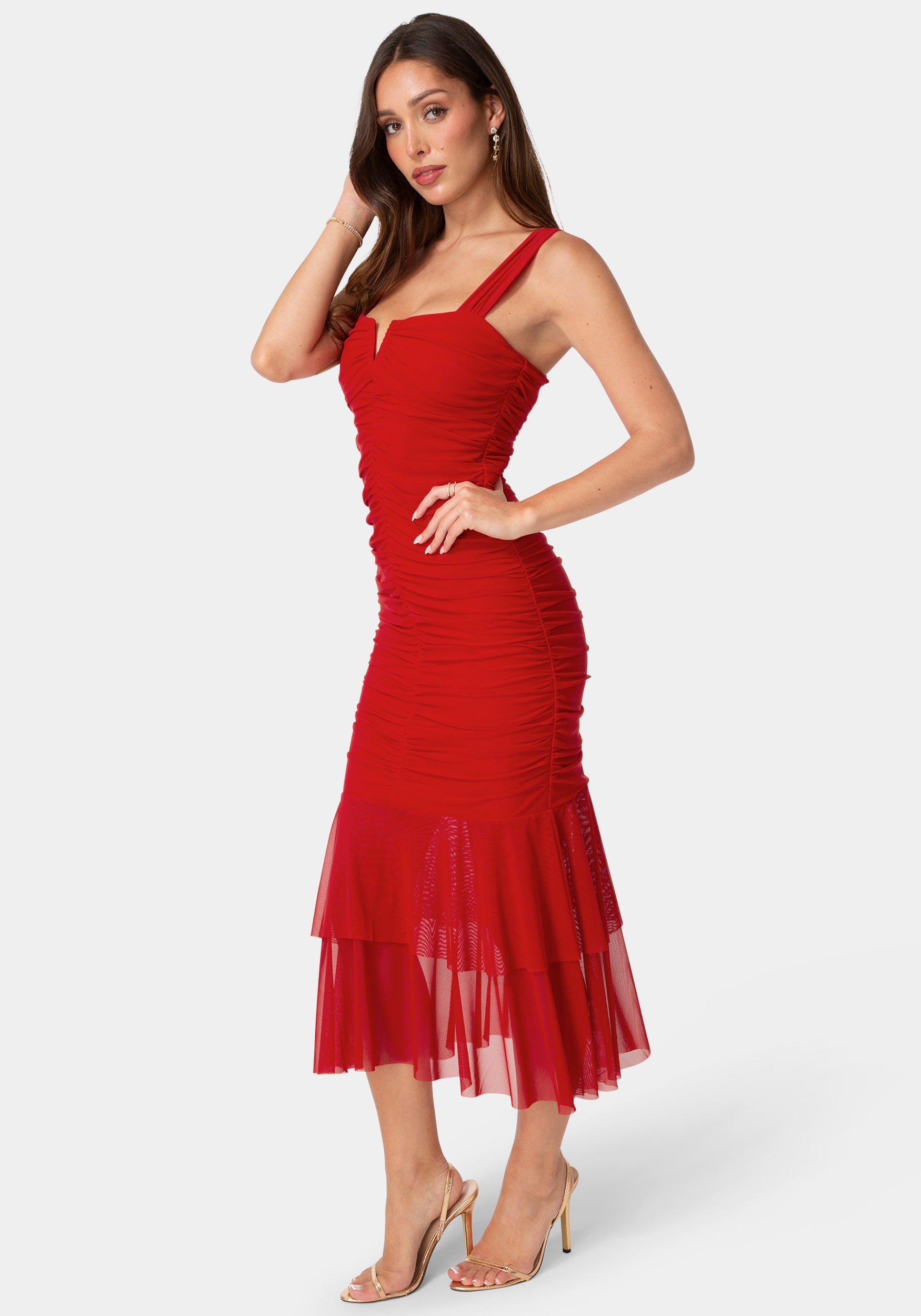 Bebe Women's V-Neck Ruched Mesh Midi Dress