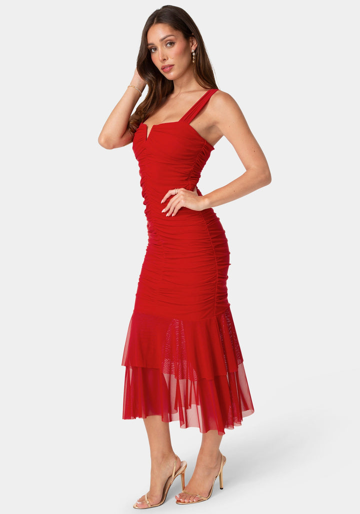 Side View-V-Neck Ruched Mesh Flounce Midi Dress-Red