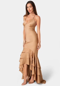 Side View-Tiered Satin High Low Gown-Mocha