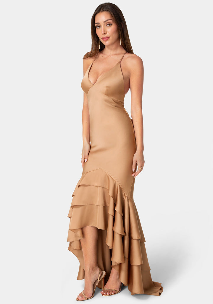 Side View-Tiered Satin High Low Gown-Mocha