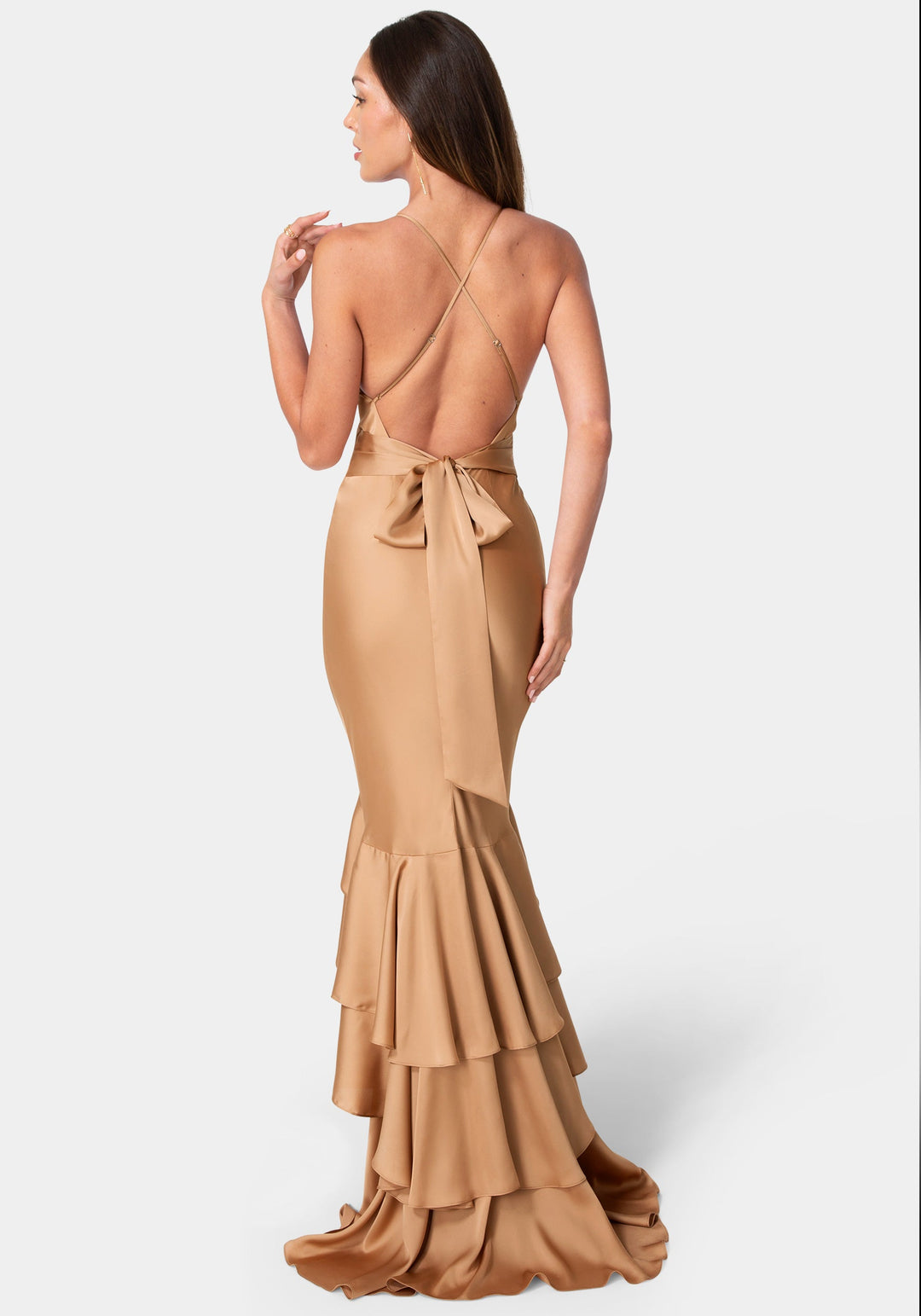 Back View-Tiered Satin High Low Gown-Mocha