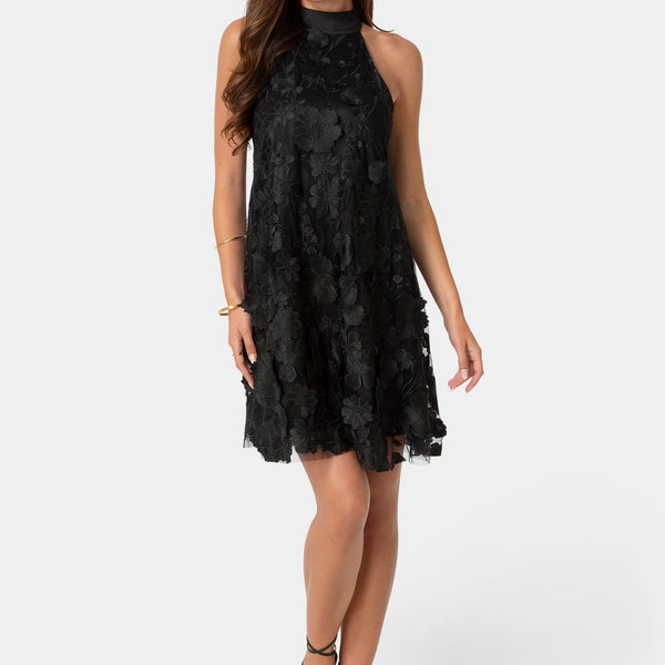 Front View-Floral Embroidered Halter Swing Dress-Black