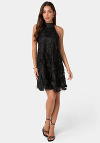 Front View-Floral Embroidered Halter Swing Dress-Black