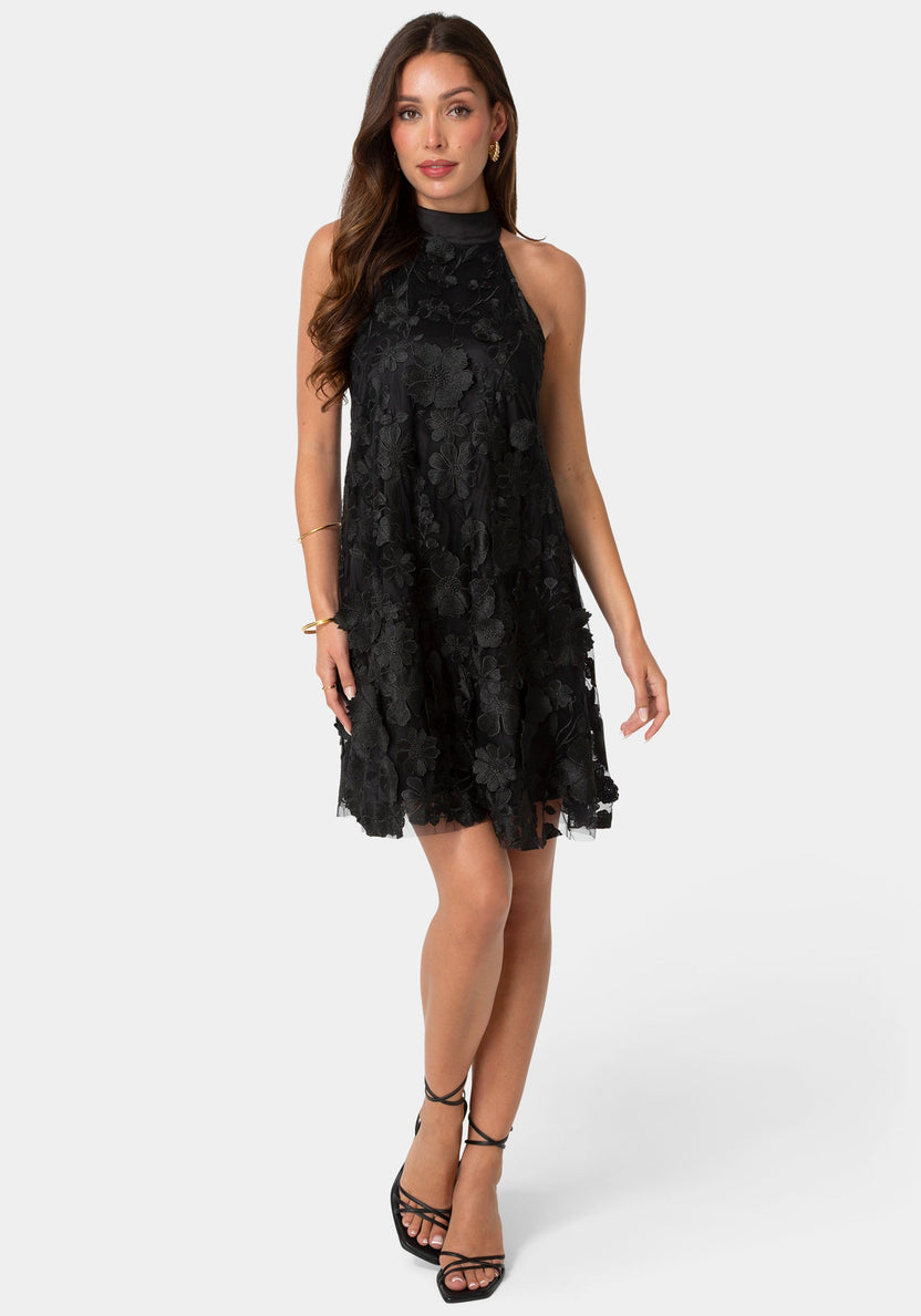 Front View-Floral Embroidered Halter Swing Dress-Black