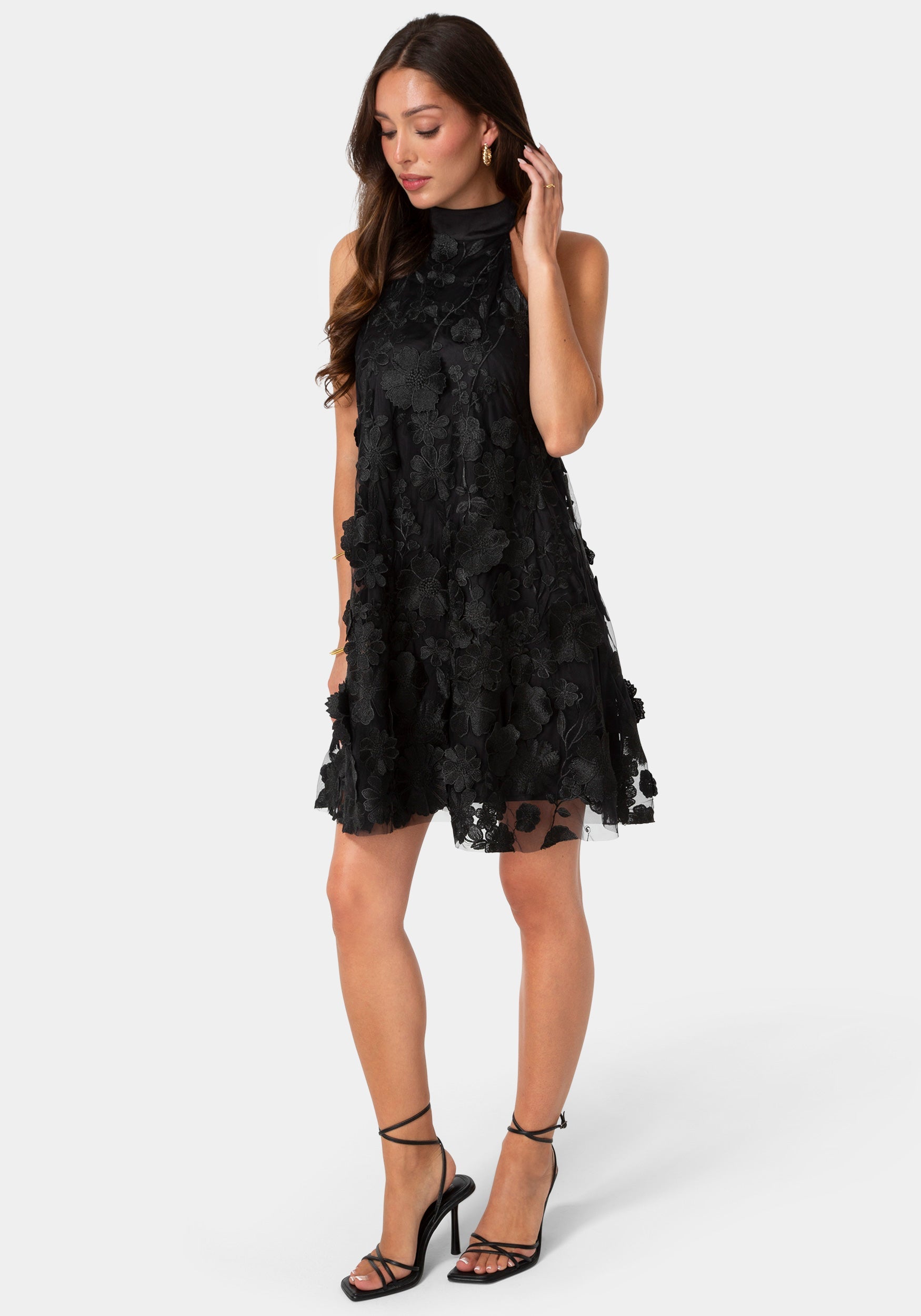 Side View-Floral Embroidered Halter Swing Dress-Black