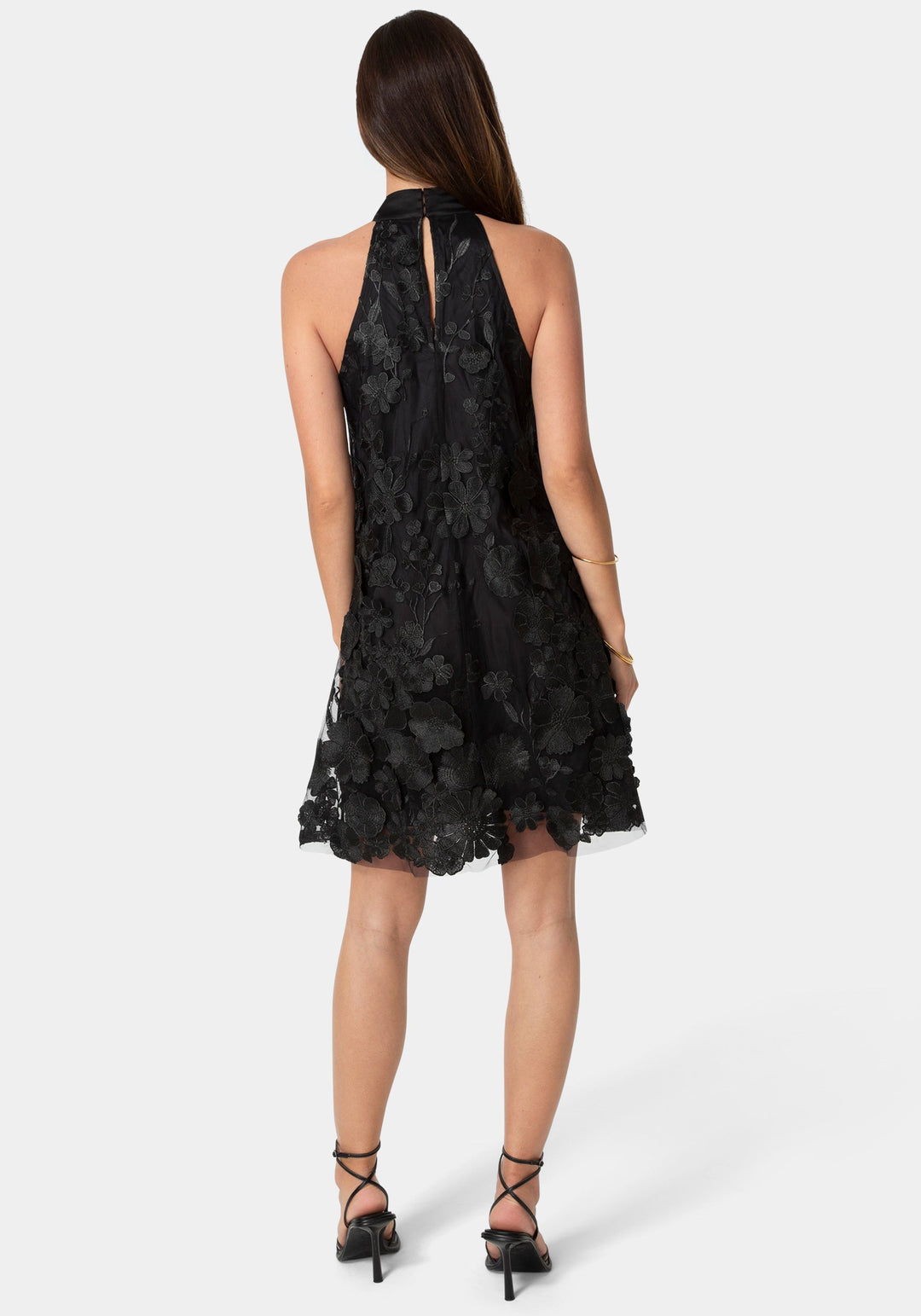 Back View-Floral Embroidered Halter Swing Dress-Black