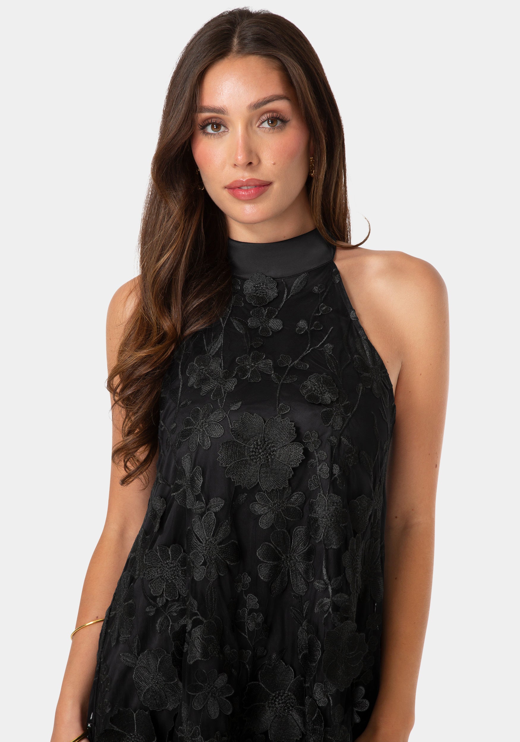 Other View-Floral Embroidered Halter Swing Dress-Black