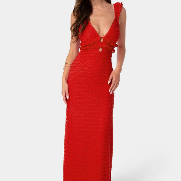 Front View-Lace Keyhole Maxi Dress-Red