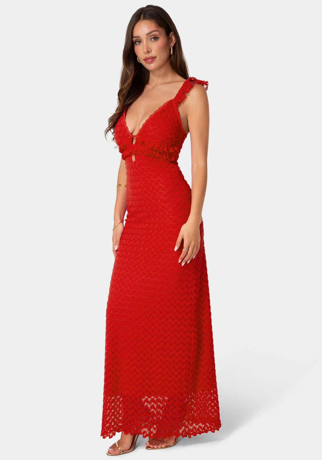 Side View-Lace Keyhole Maxi Dress-Red