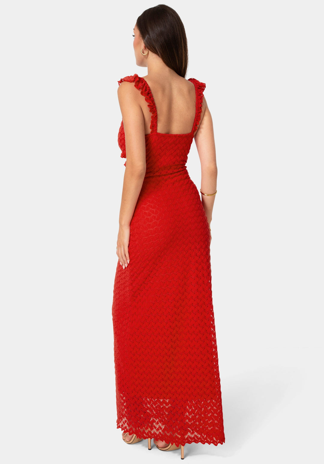Back View-Lace Keyhole Maxi Dress-Red