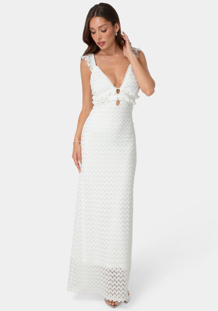 Front View-Lace Keyhole Maxi Dress-White
