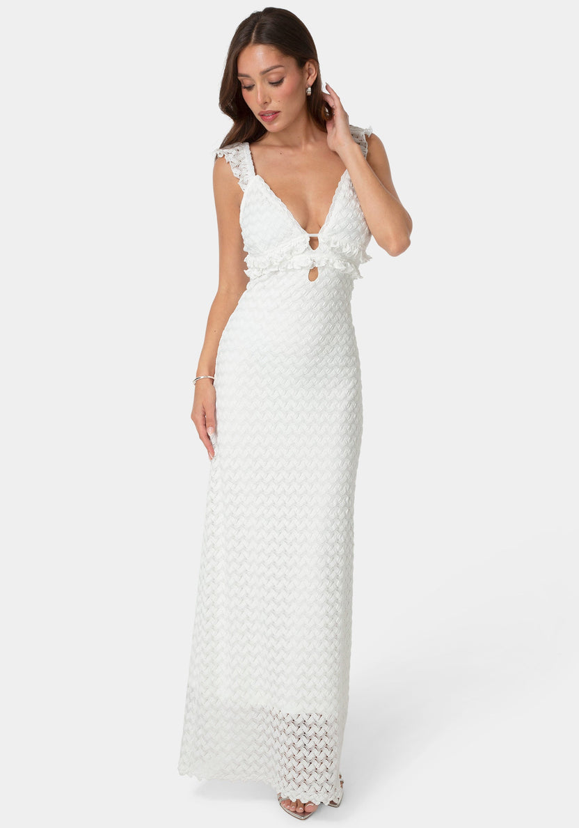 Front View-Lace Keyhole Maxi Dress-White