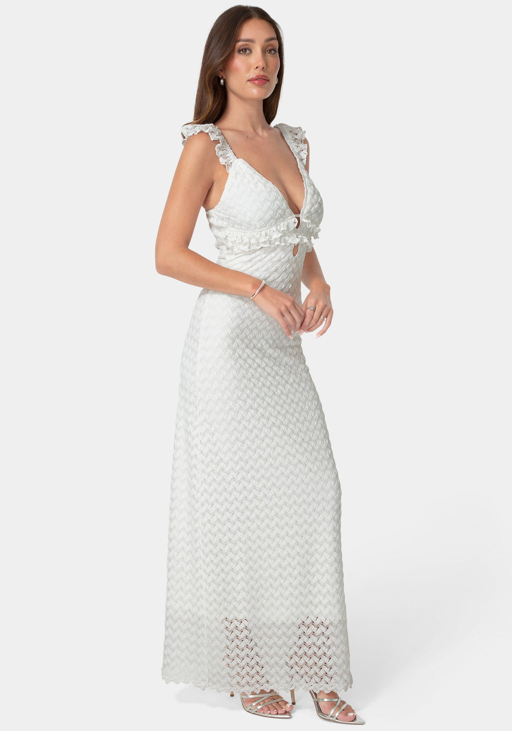 Side View-Lace Keyhole Maxi Dress-White