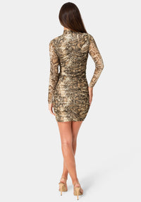 Back View-Long Sleeeve Ruched Mesh Mini Dress-Animal