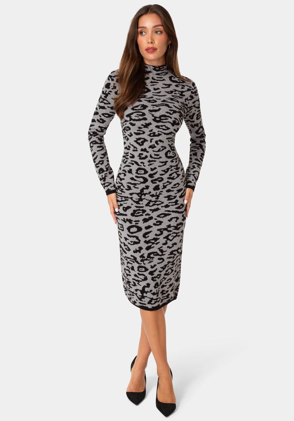 Front View-JACQUARD FUNNEL MIDI SWEATER DRESS-LEOPARD