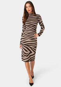Front View-JACQUARD FUNNEL MIDI SWEATER DRESS-ZEBRA