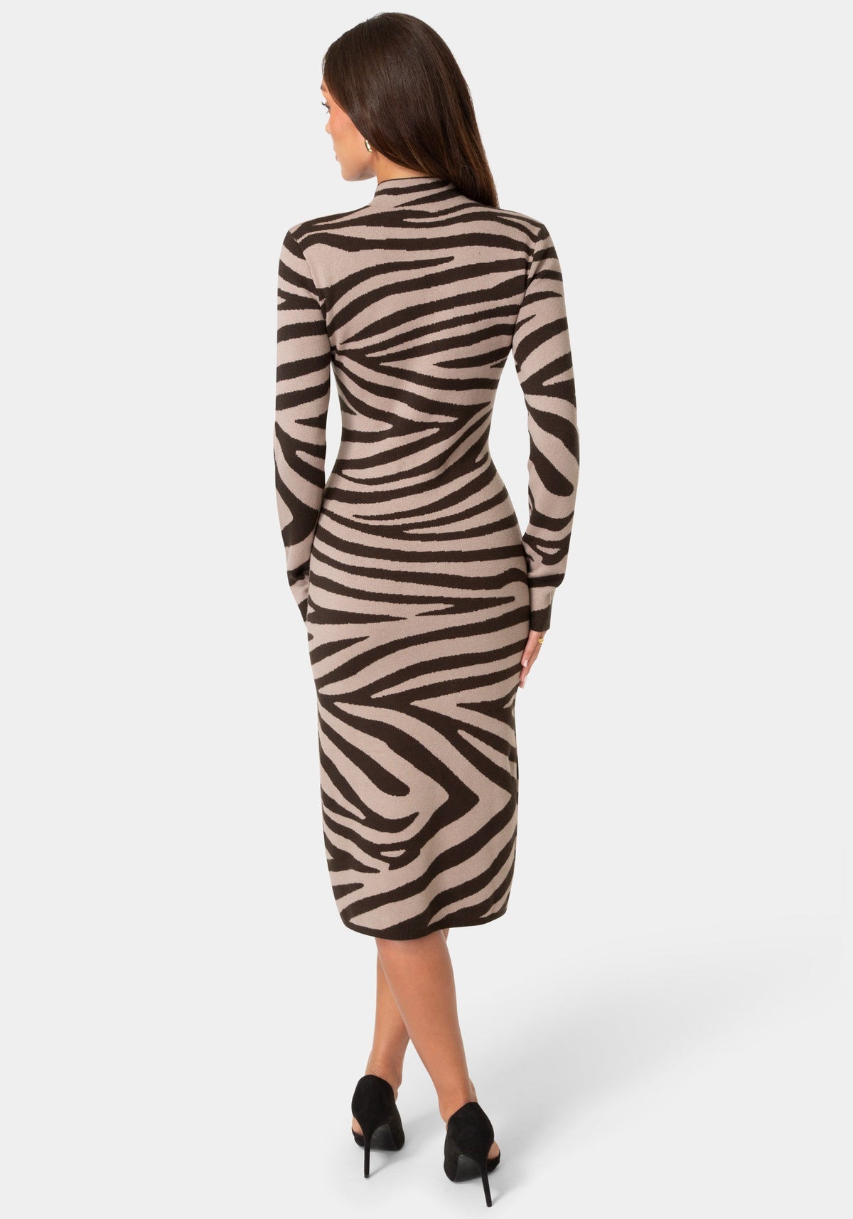 Back View-JACQUARD FUNNEL MIDI SWEATER DRESS-ZEBRA