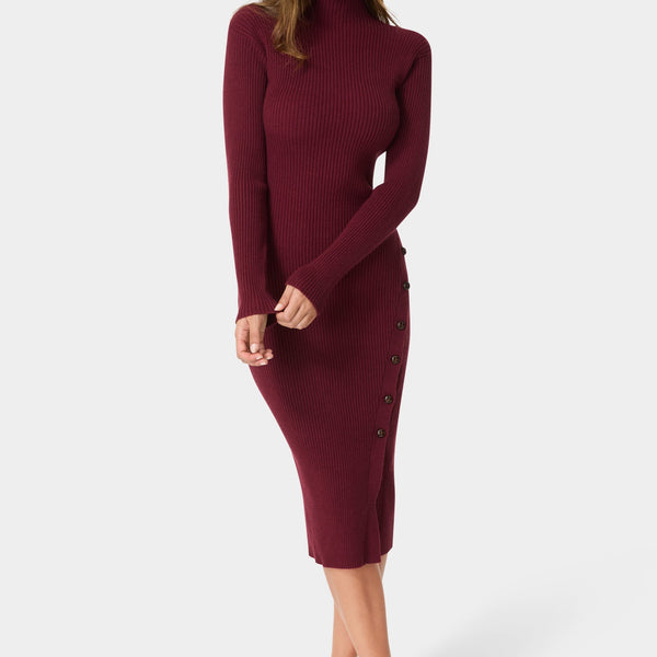 Front View-Long Sleeve Mock Neck Sweater Midi Dress-Wine