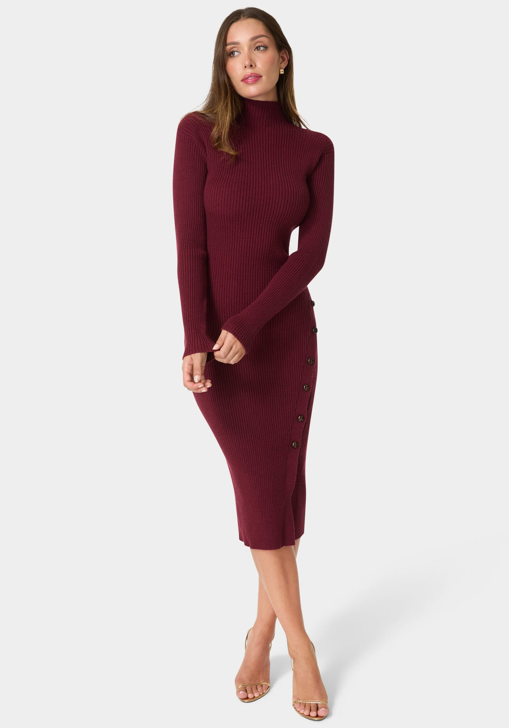 Front View-Long Sleeve Mock Neck Sweater Midi Dress-Wine