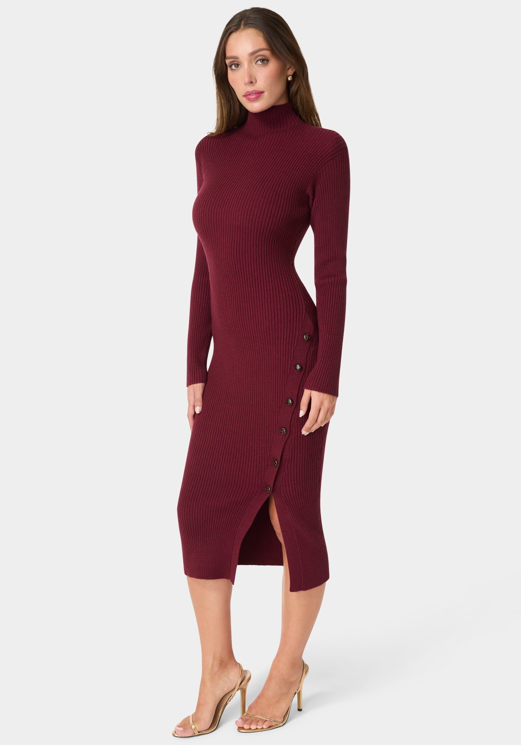 Side View-Long Sleeve Mock Neck Sweater Midi Dress-Wine