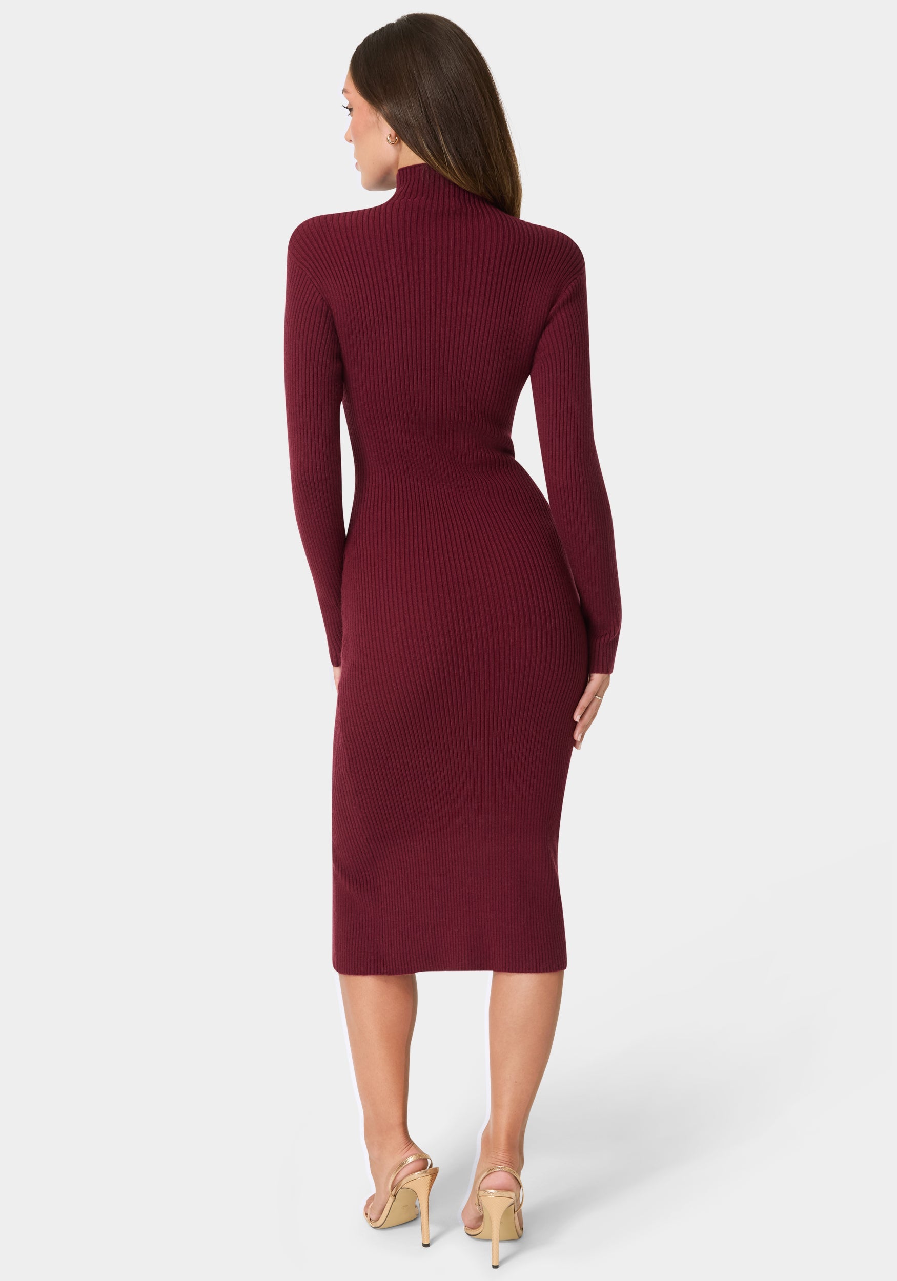 Back View-Long Sleeve Mock Neck Sweater Midi Dress-Wine