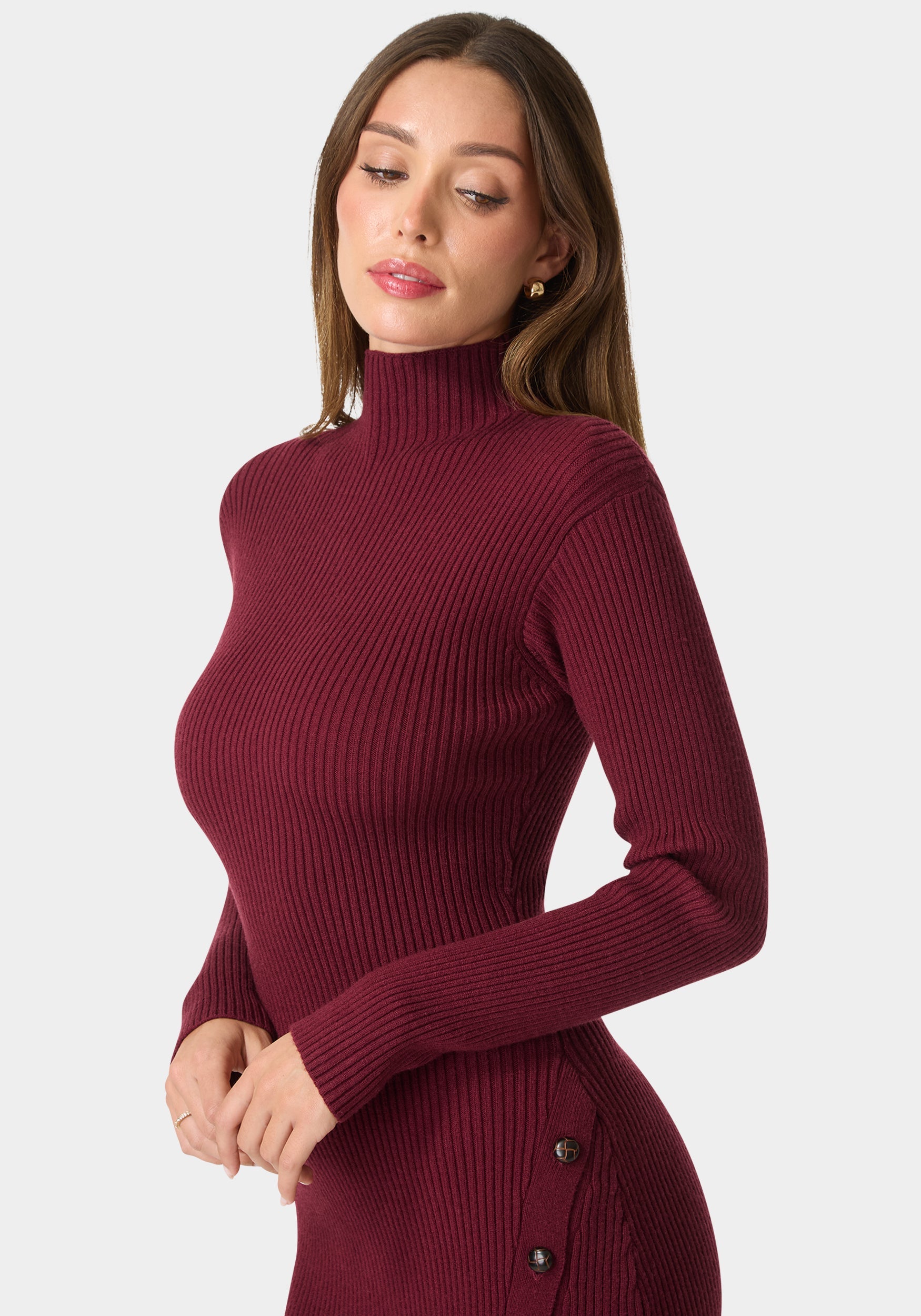 Other View-Long Sleeve Mock Neck Sweater Midi Dress-Wine