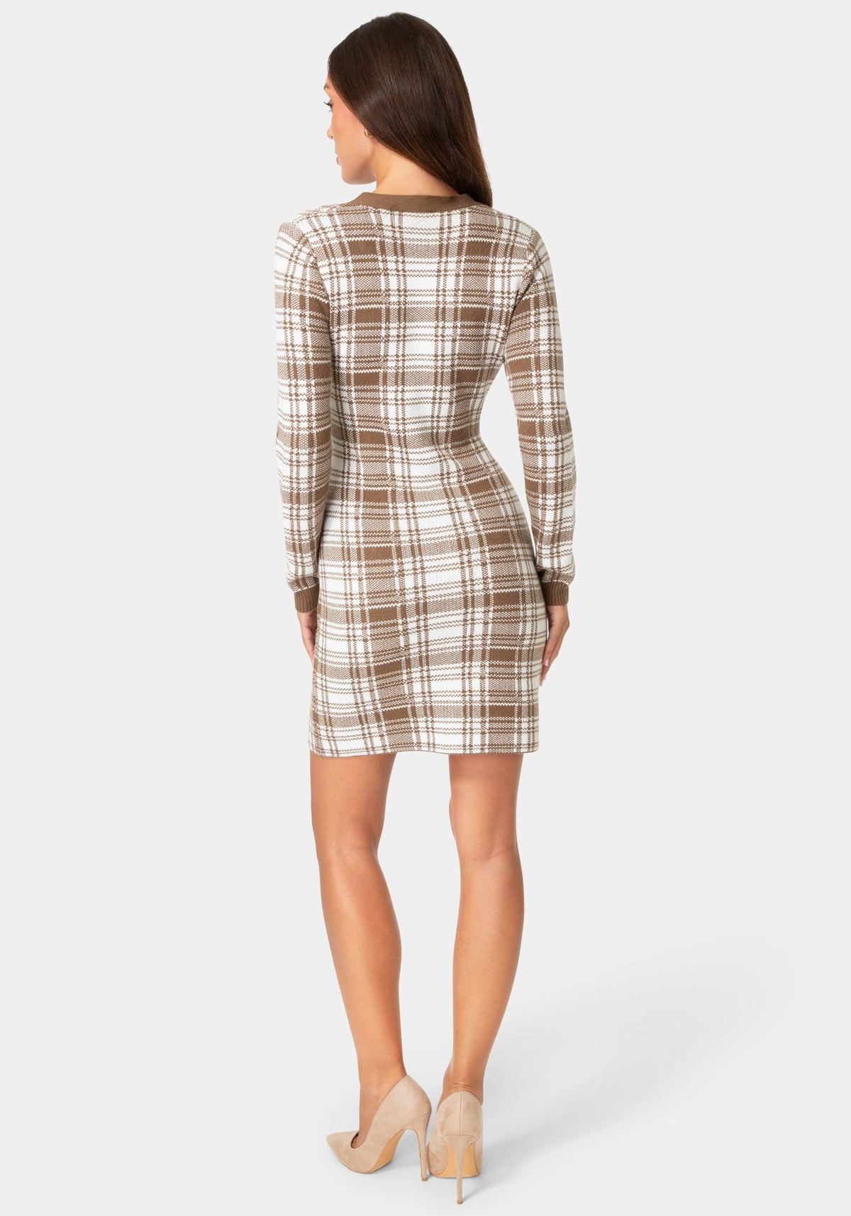 Back View-PLAID FAUX CARDI DRESS-BROWN IVORY