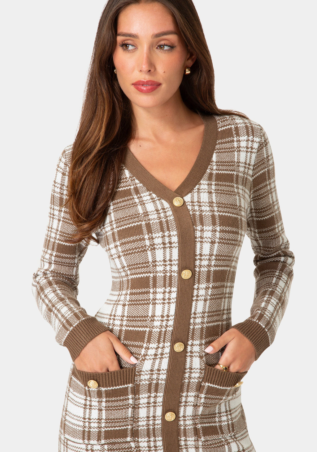 Other View-PLAID FAUX CARDI DRESS-BROWN IVORY