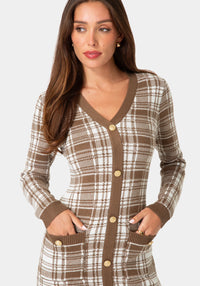 Other View-PLAID FAUX CARDI DRESS-BROWN IVORY