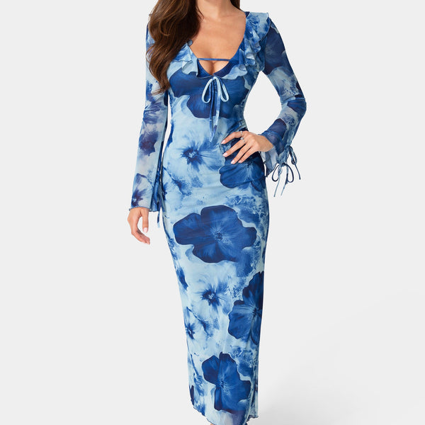 Front View-Ruffle Detail Mesh Maxi Dress-Blue Multi