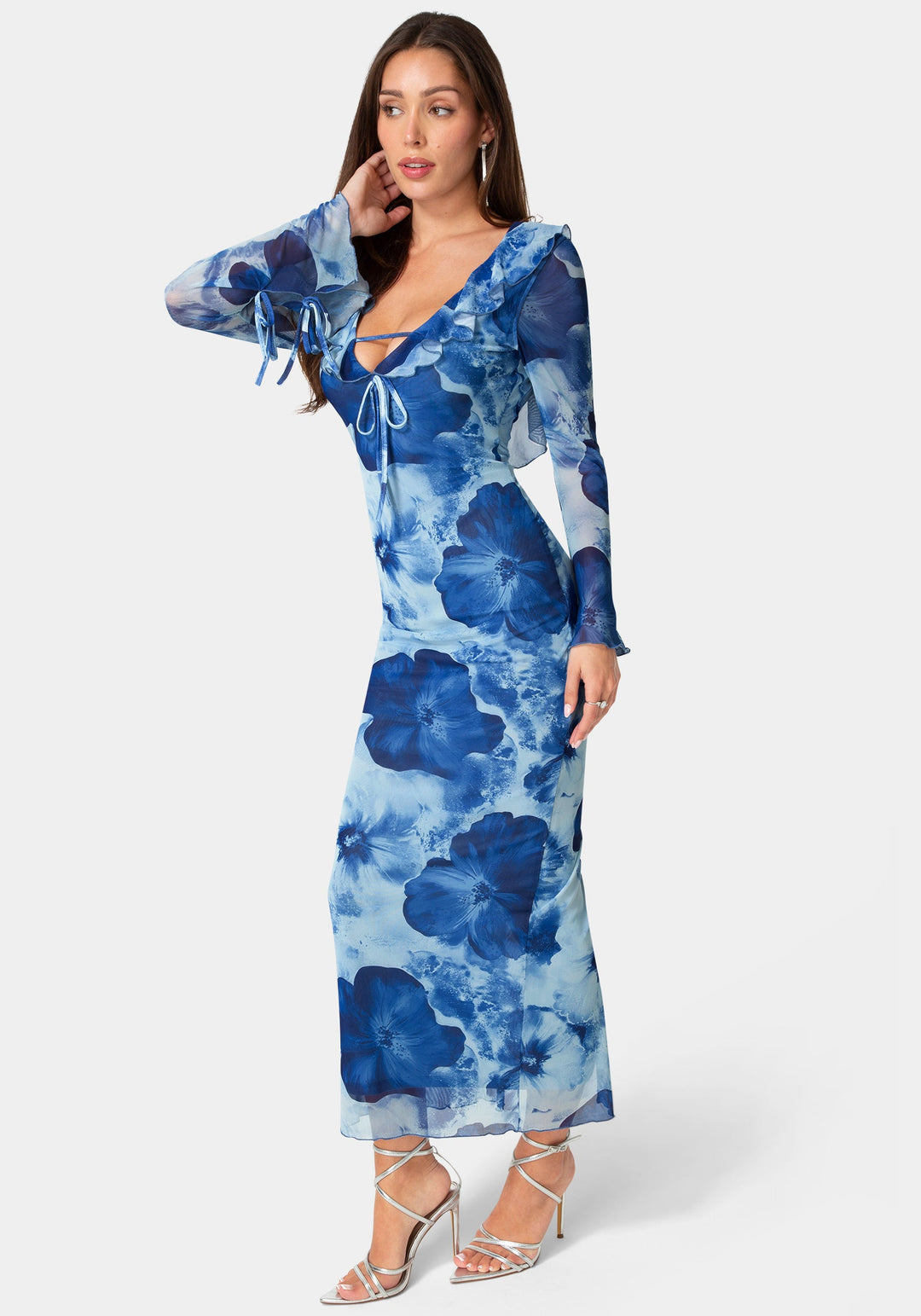 Side View-Ruffle Detail Mesh Maxi Dress-Blue Multi
