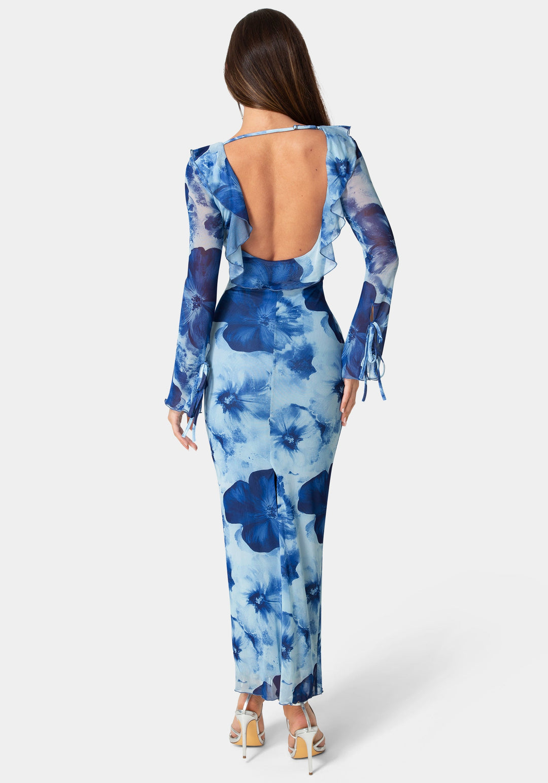 Back View-Ruffle Detail Mesh Maxi Dress-Blue Multi